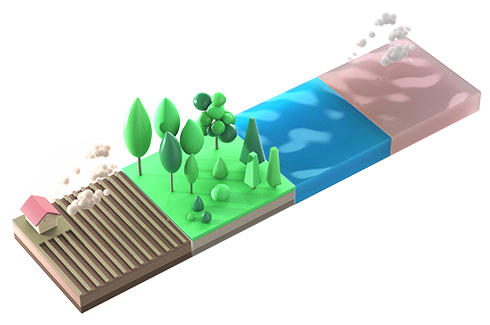 example of 3d tiles, land, farm, water, polluted water