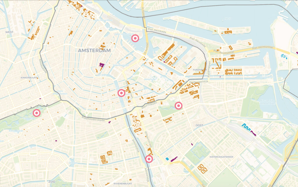 map of amsterdam highlighted with locations of interventions